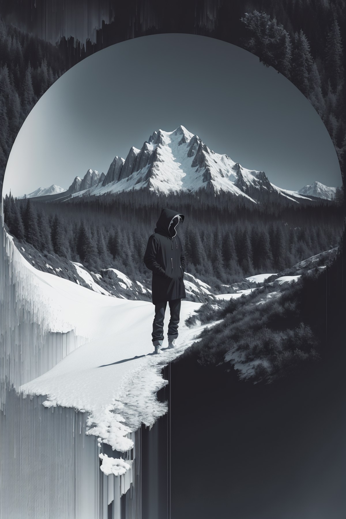 00758-3526769752-4535-pixel sorting, abstract painting of a man in casual black hood portrait fused with snowy mountain forest, intricate background.png
